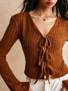 Poéselle 女士休闲纯色优雅系带前罗纹修身长袖 T 恤，适合秋冬季 - 鏽棕色 - 查看 4