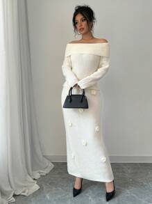 SHEIN Unity 全新露肩纯色精致优雅女式上衣紧身性感修身花卉装饰两件套针织毛衣套装 - 杏色 - 查看 4