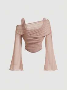 SHEIN MOD Dusty Pink Off-Shoulder Mesh 2in1 Trumpet Sleeve Long Sleeve Women's Top,Western,Vintage,70s,The Bachelorette