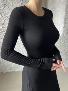 DAZY 1pc Women's Midi Length Backless Asymmetrical Hem Dress,Casual Women Dresses,Fall Dress Long Sleeve Dress - Black - View 6