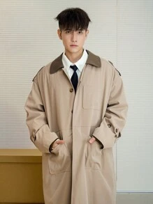 DAZY Men's Solid Color Patchwork Front Button Long Sleeve Casual Long Trench Coat For Autumn - Khaki - View 7