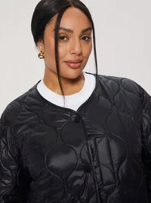 SHEIN BASICS Plus Size Solid Color V-Neck Long Sleeve Loose Padded Coat - Black - View 5