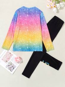 2 件幼儿女孩休闲卡通独角兽印花长袖 T 恤和紧身裤套装，加大码 - 彩色 - 查看 2