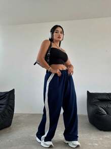 Flirla 大码秋季休闲运动撞色松紧腰长裤 - 藍色 - 查看 7