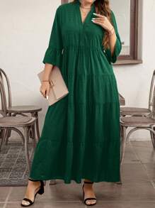 SHEIN LUNE Abito lungo a-line in tinta unita con scollo inciso per donne taglia comoda, abbigliamento da vacanza - Verde Scuro - Visualizzare 4