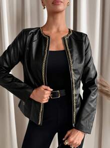 SHEIN Clasi Women's Autumn Fashion Chain Decor PU Jacket - Black - View 5