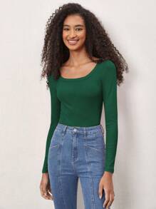 SHEIN BASICS Áo cánh cotton dài tay cổ tròn màu trơn cho nữ, thoải mái, sang trọng, năm mới - màu xanh lá - Xem 1