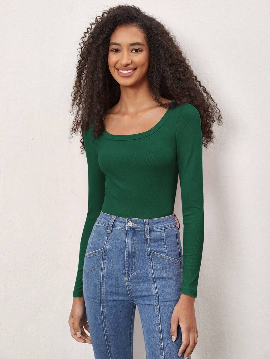 SHEIN BASICS Áo cánh cotton dài tay cổ tròn màu trơn cho nữ, thoải mái, sang trọng, năm mới - màu xanh lá - Xem 1