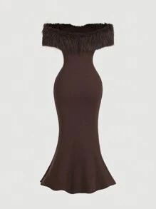 SHEIN MOD 1 pieza Vestido de punto de cola de pez con hombros descubiertos de pelo de camello, vestidos de suéter para mujeres, vestido de mujer para Año Nuevo, vestido de baile de disfraces, vestidos marrones para mujer, atuendo de mujer para concierto, atuendo de mujer para festival