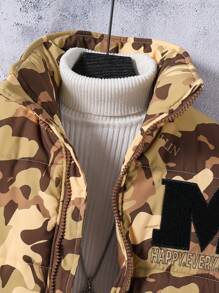 Tween Boy 设计师原创时尚图案家庭配套钩环迷彩立领厚款宽松高端时尚街头服饰保暖羽绒服，百搭 - 咖啡棕 - 查看 5