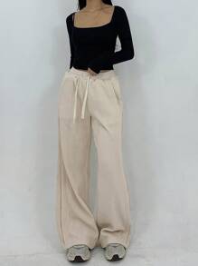 DAZY Pantalones anchos de unicolor, holgados y con forro térmico grueso, con cordón, cintura elástica y bolsillos, para mujer, con forro térmico para otoño e invierno - Beis - Ver 7