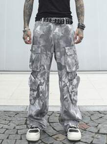 Manfinity EMRG Jeans casuales con bolsillos múltiples de estampado completo para hombres, diseño minimalista
