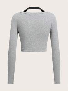 SHEIN EZwear Kontrastfärgad stickad dam Casual turtleneck långärmad T-shirt med knäppning, vår och höst - Grå - Visa 2