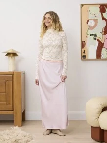 Aralina Falda larga con cinturilla de satén texturizado y detalle de encaje, de diseño deslizante - Rosa vieja - Ver 4