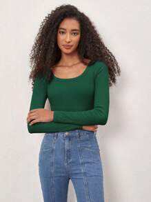 SHEIN BASICS Áo cánh cotton dài tay cổ tròn màu trơn cho nữ, thoải mái, sang trọng, năm mới - màu xanh lá - Xem 6