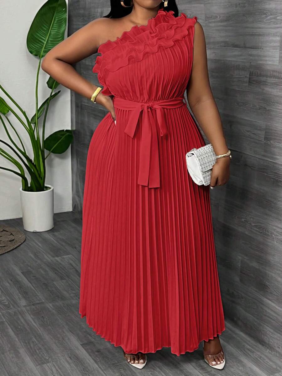 Slaydiva Plus Size Elegant Luxurious Asymmetric Ruffle Waist Gathered Dress, Apricot Color, Summer - Red - View 1