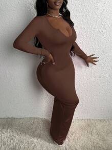 Slaydiva 情人节居家休闲舒适日常新年连衣裙，小U领约会优雅性感少女崇拜紧身裹臀高弹力女式连衣裙，茶会长袖女士性感半正式黑色修身长裙 - 棕色 - 查看 1