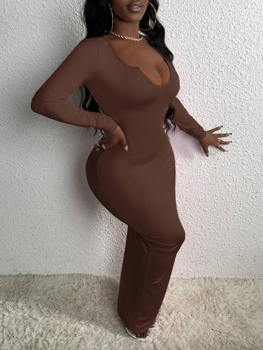 Slaydiva 情人节居家休闲舒适日常新年连衣裙，小U领约会优雅性感少女崇拜紧身裹臀高弹力女式连衣裙，茶会长袖女士性感半正式黑色修身长裙 - 棕色 - 查看 1