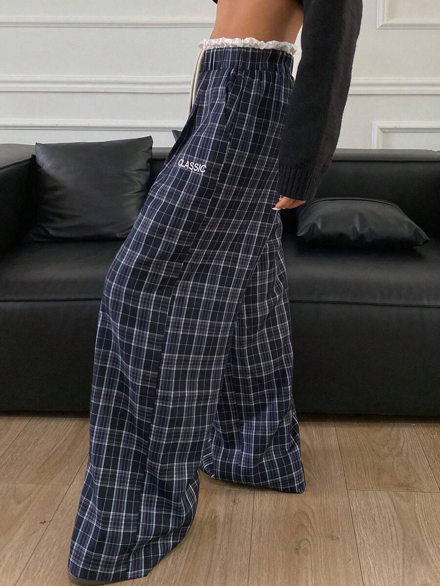 DAZY Plaid Wide Leg Pants Patchwork Contrast Color Letter Drawstring Elastic Waist Women Trousers