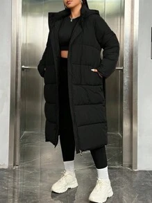 SHEIN CURVE+ Curve Plus Size Padded Jacket With Side Belted Waist And Pockets, For Winter - Black - View 3