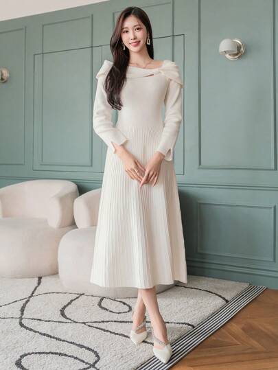 DAZY 女式纯色不对称长袖毛衣裙，秋季服装