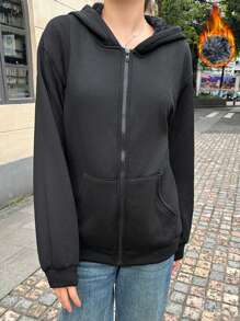 SHEIN EZwear Áo hoodie lót lông cừu có khóa kéo vai mới dành cho nữ - màu đen - Xem 1