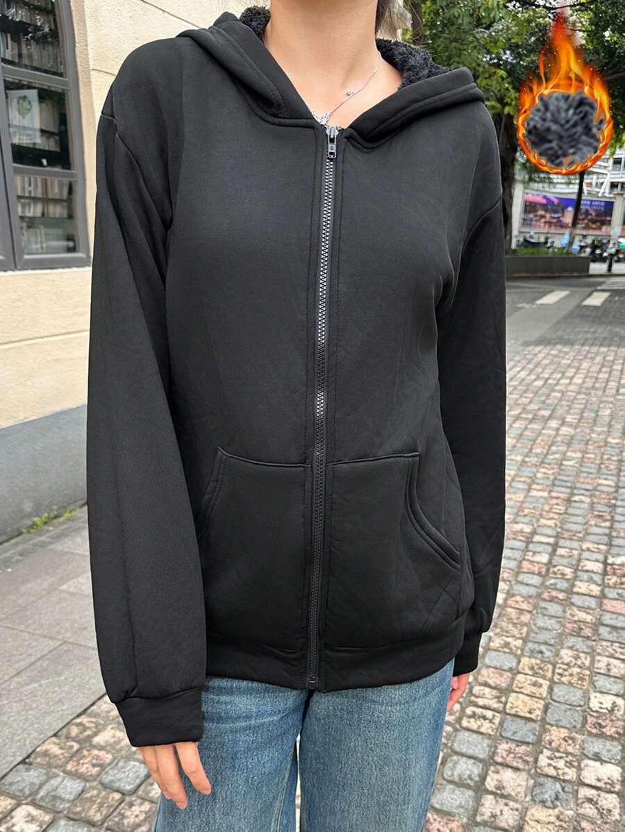 SHEIN EZwear Áo hoodie lót lông cừu có khóa kéo vai mới dành cho nữ - màu đen - Xem 1