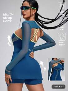 Innovista 女士三合一印花高弹力运动拉链长袖撞色运动连衣裙，A字T恤裙，透气可拆卸网眼袖上衣，女士网球服，短裙，秋季连衣裙，女士秋季服装，蓝色运动连衣裙，女士秋季服装，清爽浅蓝色 - 藍色 - 查看 2