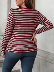 SHEIN LUNE 大码女式休闲圆领长袖复古条纹T恤，适合秋季旅行、日常休闲穿着，新年酒红色假日款 - 酒紅色 - 查看 2