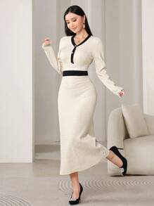 Modelyn Women's Casual Contrast Color Block V-Neck Mermaid Fitted Sweater Dress, Autumn - Apricot - View 7