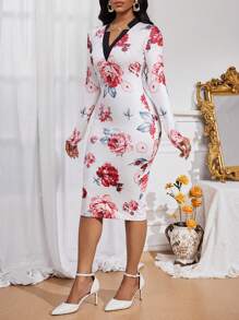 SHEIN Lady Floral Print V Neck Fitted Dress, Elegance For Autumn/Winter - Multicolor - View 6