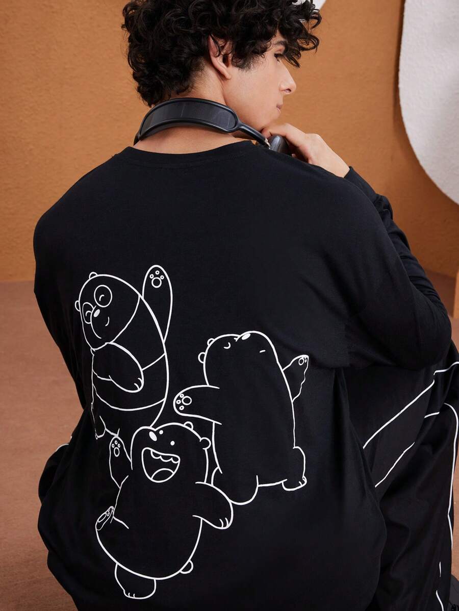 We Bare Bears X SHEIN Camiseta negra de manga larga con estampado gráfico de oso bailarín informal y holgada para hombre - Negro - Ver 1