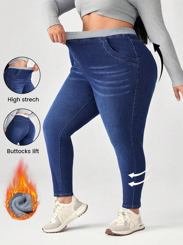 SHEIN CURVE+ Blue Plus Size Jeans Skinny Stretch Trousers Lined For Added Warmth Thermal Denim