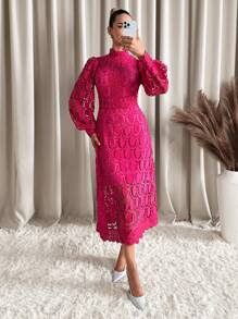 SHEIN Clasi Váy dài vừa phải tay bồng ren thanh lịch lãng mạn cho nữ - Màu Hồng Tươi - Xem 3