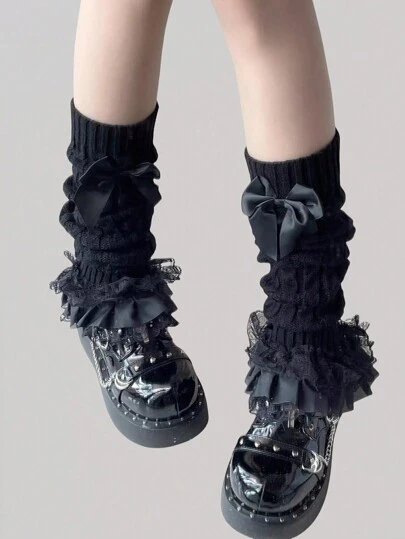 ROMWE Grunge Punk 1 Pair Women's Cute, Street, Basics, Y2K Style, Lace, Ruffle/Floral, Bow Knitted Leg Warmers, Suitable For Casual, School Use Valentines