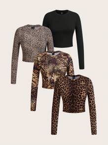 SHEIN Essnce 4pcs Fashionable Leopard Print Casual Round Neck Long Sleeve Slim Fit Women's Basic T-Shirt Women's Round Neck Long Sleeve Fitted All-Match T-Shirt Cropped Tight Fit T-Shirts, Spring & Autumn