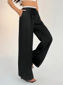 SHEIN PETITE Contrast Color Double Waist Satin Glossy Women's Wide Leg Pants ,Petite Women - Black - View 3