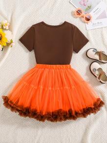 2pcs/Set Young Girl Letter Print Round Neck Short Sleeve Top And Contrast Mesh Panel Mini Skirt Set - Multicolor - View 2
