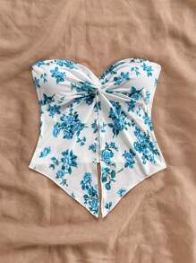 Soleia Blusa de gasa cómoda con estampado floral azul y blanco, corte halter y abertura frontal, adecuada para té de la tarde, temporada de graduación, y como capa para el invierno