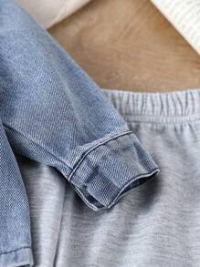 男婴休闲牛仔拼布连帽夹克和裤子套装，秋季