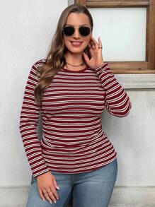 SHEIN LUNE 大码女式休闲圆领长袖复古条纹T恤，适合秋季旅行、日常休闲穿着，新年酒红色假日款 - 酒紅色 - 查看 3