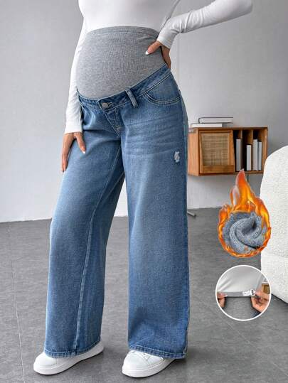 SHEIN سراويل جينز بخصر عالي مرن للحوامل، بحواشي لحمة ومقطعة، جينز تريكو فضفاض مستقيم الساق للأمومة