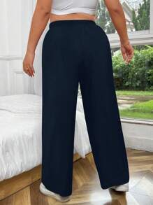 SHEIN 加大码纯色松紧腰抽绳直筒裤，适合秋季 - 藏蓝色 - 查看 2