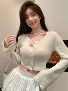 DAZY Space Dye Button Front Crop Tee Long Sleeve Women Tops