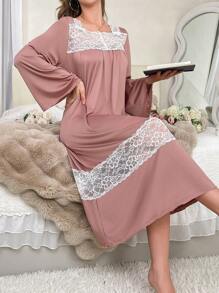 女士优雅粉色蕾丝拼接长袖睡袍 - 藕粉色 - 查看 1