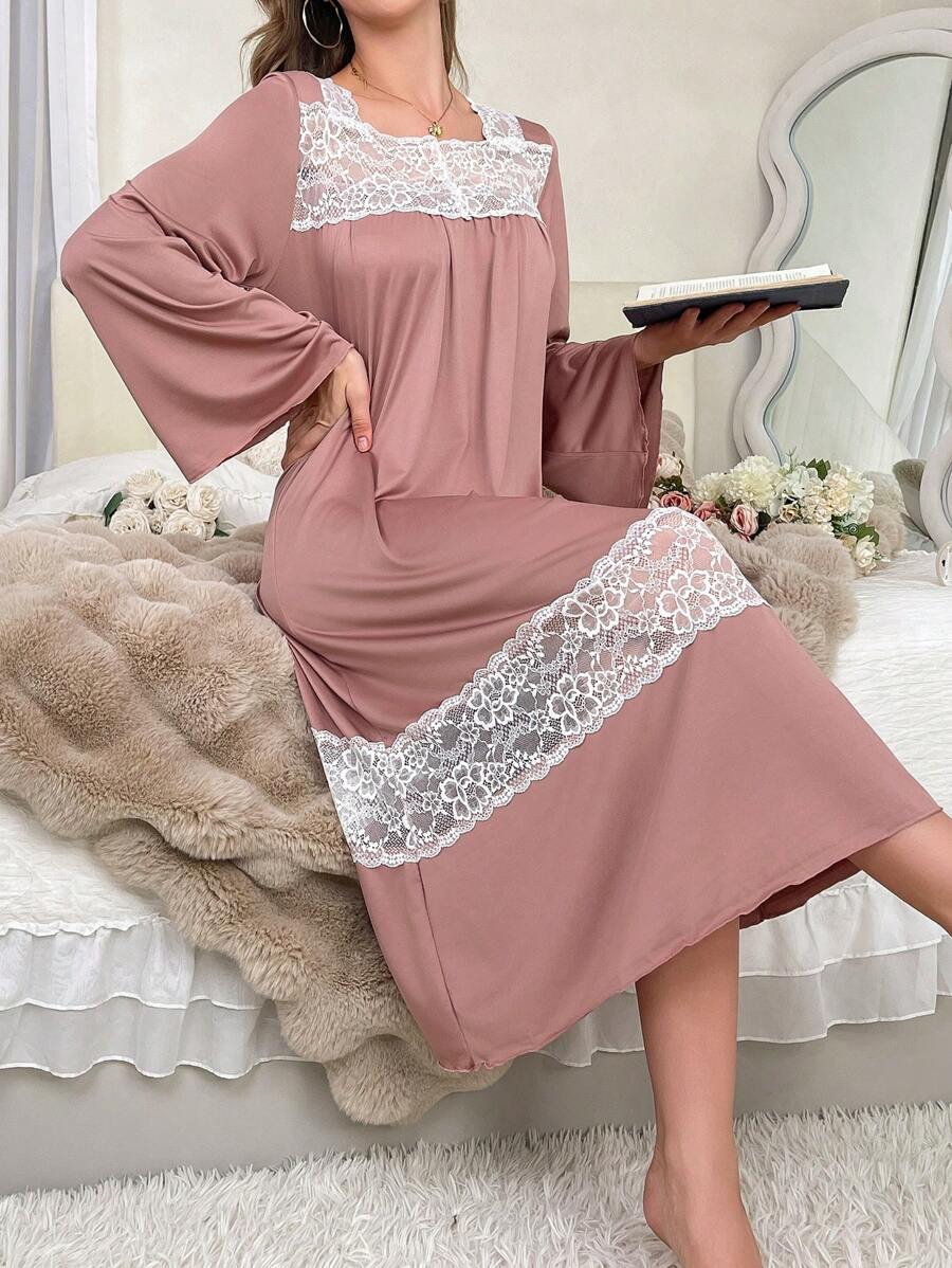 女士优雅粉色蕾丝拼接长袖睡袍 - 藕粉色 - 查看 1