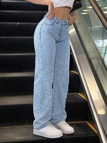 Women's Pearl Embellished High Waisted Jeans Wide Leg Denim Pants Light Blue Beaded Straight Trousers For Party