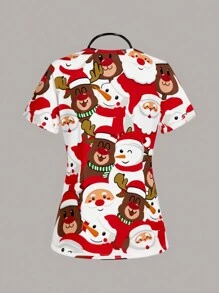 PopScrub Blusa de enfermera de talla grande para mujer, estilo casual y minimalista, con estampado navideño en toda la prenda