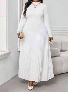 SHEIN Lady Autumn And Winter Elegant Work Office White Knitted Stand Collar Pleated Flowy Pleated Long Long Sleeve Plus Size Dresses Fall Women Outfits Winter Women Dress Elegant Women Dresses Fall Clothes Curve