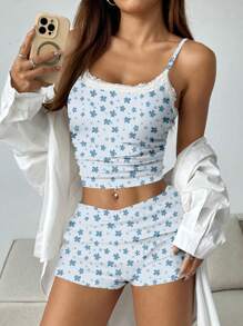 Luiza Werlang Artist Boho Bohemian 2pcs Lace Detail Camisole Top & Ruffle Shorts Set For Women, Summer, For Holiday, Vacation, Valentine's Day, Spring, Festival - Apricot - View 1